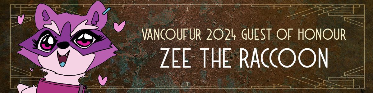 Banner showing our Guest of Honour Zee the Raccoon